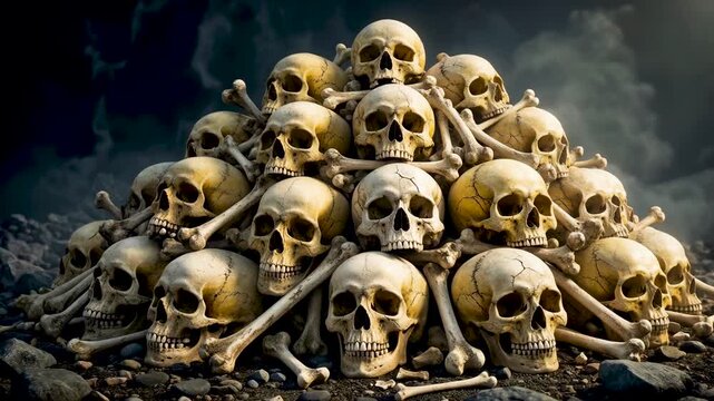 Large pile of human skulls and bones in dark foggy atmosphere