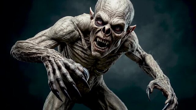Terrifying creature with sharp claws and monstrous teeth emerging from dark shadows in a frightening scene