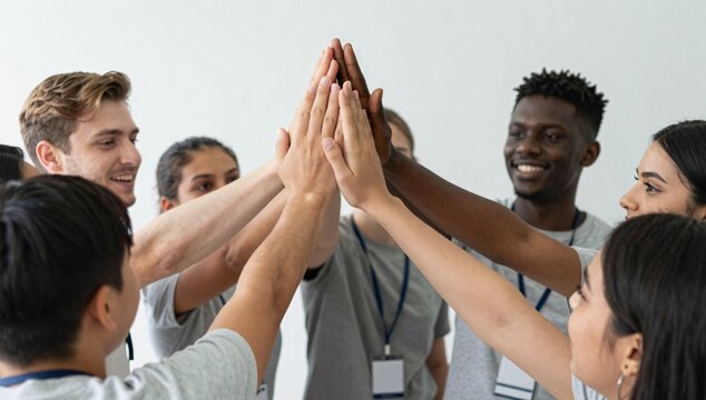 Diverse group of volunteers joining hands in unity and solidarity