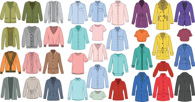 Fashion Clothing Vector Collection Featuring Various Styles of Mens and Womens Winter Coats Jackets Cardigans Shirts and Sweaters for Apparel Retail and Wardrobe Design