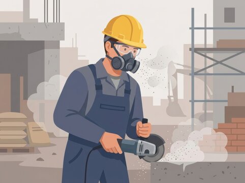 Construction Worker Using a Tool for a Task at a Construction Site During Daylight Hours With Safety Gear for Protection