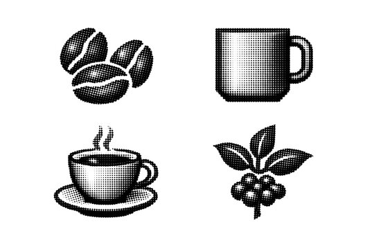 Halftone coffee essentials set featuring pixelated icons of roasted coffee beans, a ceramic mug, a steaming cup of coffee on a saucer, and a coffee plant branch. Minimalist retro flat vector.