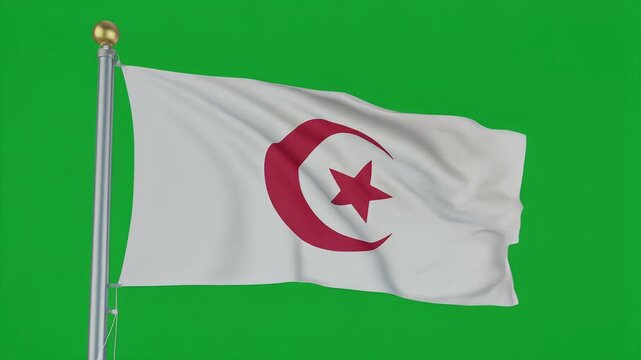 The Tunisian flag waves gently on a pole against green screen