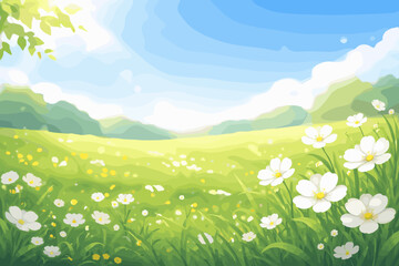 Fototapeta premium Spring landscape background with white flowers in green grass field under blue sky with sun rays. Soft blurred bokeh effect for natural fresh morning meadow. Elegant floral vector illustration.