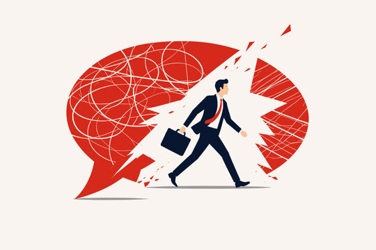 Conceptual vector illustration of a businessman walking through a large red speech bubble filled with chaotic scribbles, representing the ability to cut through noise and gain mental clarity.