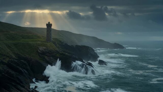 Lighthouse on rocky coastline with dramatic waves and sun rays through clouds representing hope and navigation concept