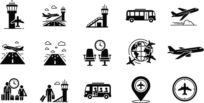 Airport and aviation icon set including runway airplane bus terminal passengers and navigation symbols