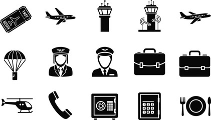 Aviation travel icon set including airplane pilot luggage helicopter phone safe and service symbols © MSTMONIRA