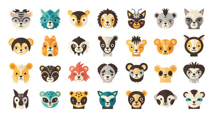 Fototapeta premium Large collection of diverse cartoon animal faces arranged in a grid for children books and educational materials.