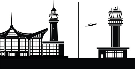 Obraz premium Modern airport terminal and control towers with airplane silhouette isolated on white background design