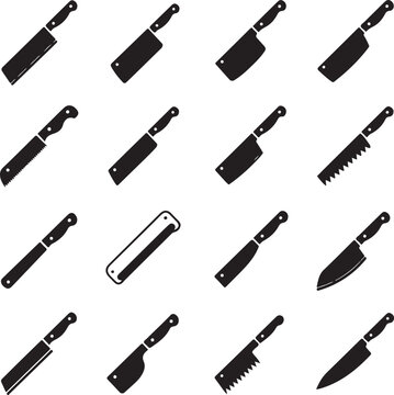 Collection of various kitchen knives and cutting tools in black and white