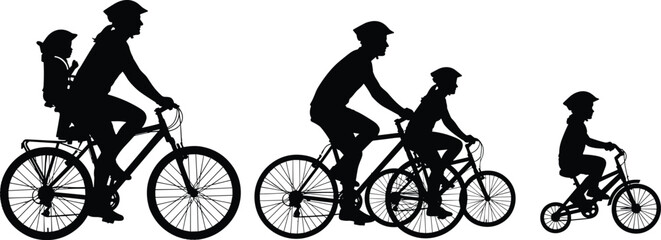 Obraz premium Silhouette family cycling together parents and children riding bicycles isolated on white background
