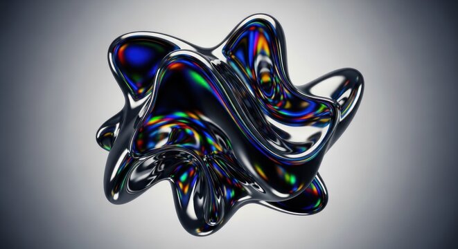 Abstract iridescent shapeshifter floating against neutral background