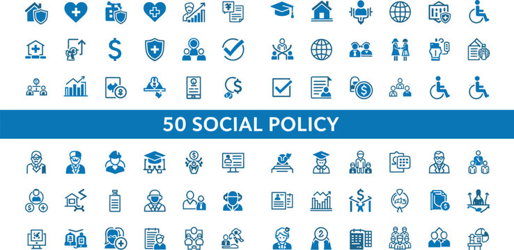 Large set of 50 blue social policy icons representing healthcare, education, insurance, community support, human rights, and welfare services, vector.