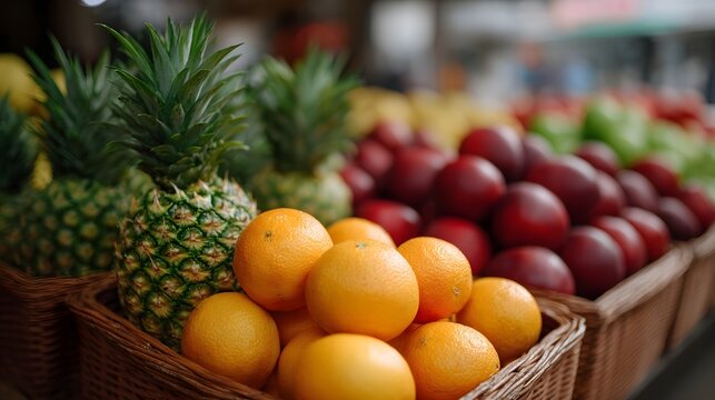A vibrant close up display of fresh fruits including pine s citrus oranges and red s beautifully arranged in rustic market baskets