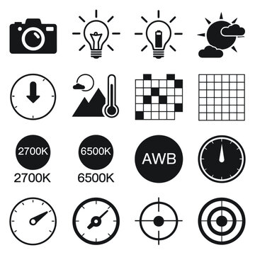 Photography icons for camera, lighting, temperature, and measurement tools.