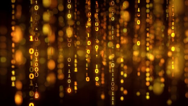 Streaming binary code data stream on dark technological matrix background