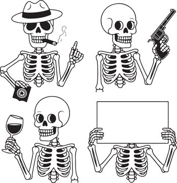 Four skeleton characters engaging in whimsical and humorous activities in a playful style