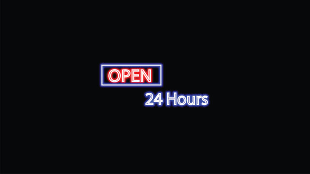 Neon Open 24 Hours Sign on Black Background