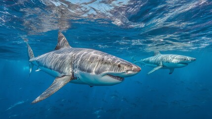 Fototapeta premium Great white sharks swim below the ocean's surface.