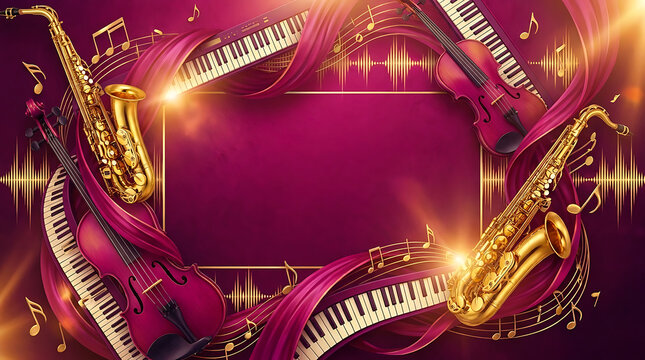 Luxury music background banner with golden saxophones violins piano keys and notes frame on purple background with copy space