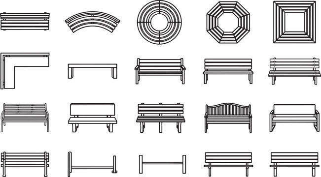 Array of various styles of bench designs, suitable for urban spaces, parks, and gardens, a versatile collection for landscape architects and designers.