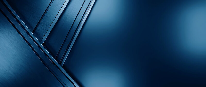 Abstract deep blue metallic background with geometric diagonal lines brushed metal texture and large copy space for tech or business banner