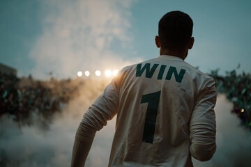 Naklejka premium Player standing before cheering crowd in stadium wearing win number jersey