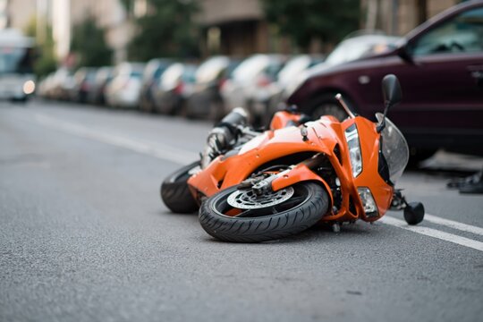 Orange motorcycle fallen on urban street with parked cars
