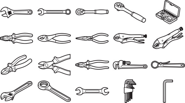 A detailed collection of various essential tools displayed in a simple and artistic style. Perfect for illustrating concepts of construction, repair, and engineering.