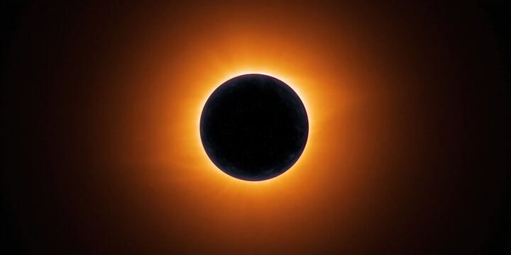 Total solar eclipse revealing circular corona in night sky