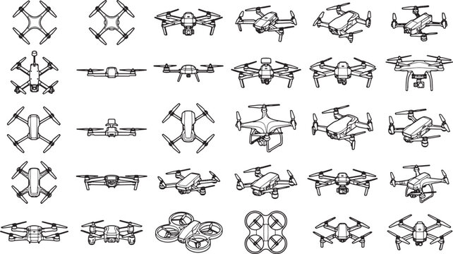 A dynamic collection of drones in various positions and orientations. Showcasing the sleek design and technological advancement.
