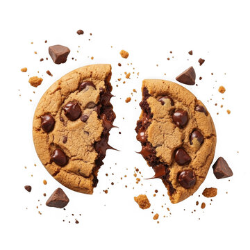 A broken chocolate chip cookie on a white background
