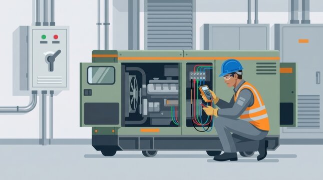 Electrician Inspects Backup Generator Equipment for Electrical Safety in a Facility