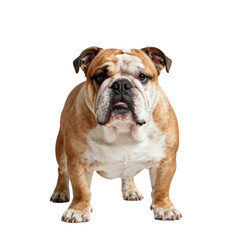 Fototapeta premium Adorable english bulldog stands proudly on a white backdrop looking straight at the camera