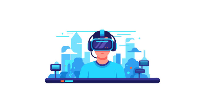 Man wearing VR headset in futuristic cityscape illustration