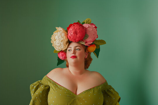 Plus size woman with floral crown, surreal beauty portrait in pastel colors, concept of nature, identity and self expression with copy space