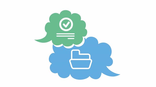 Cloud speech bubble with file folder and success check mark icon isolated on the alpha channel. Digital communication and file management status element concept in a cartoon animation.