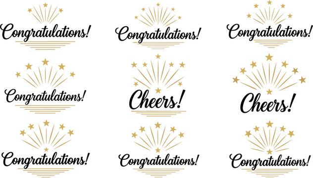 Elegant congratulations and cheers lettering collection with golden starburst fireworks celebration typography badges set isolated background