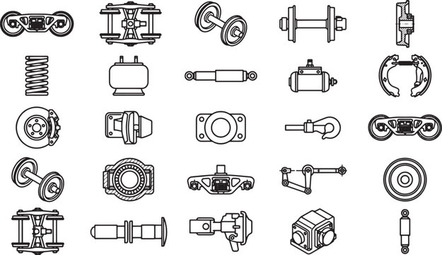 Railway train components detailed illustration shows an intricate arrangement of essential elements in precise detail, showcasing the internal mechanism, from wheels to brakes.