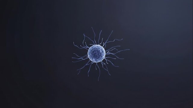 Microscopic view of Interleukin 6 cell with protruding tendrils on a dark background