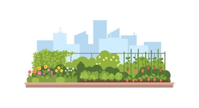 urban garden with city skyline and flowers