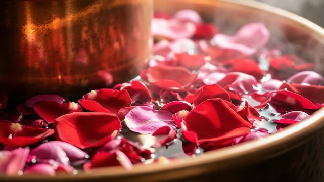 Romantic Spa Wellness Red and Pink Rose Petals Floating in Steaming Hot Water in Golden Copper Bowl Aromatherapy Ritual Horizontal Closeup