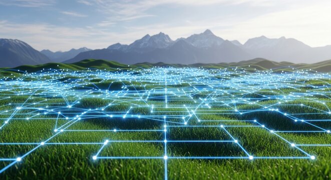 A futuristic digital grid overlays a serene natural landscape with mountains and green grass under a bright sky