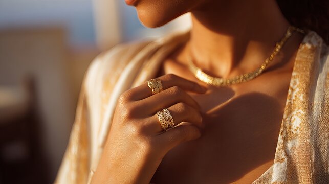 Woman's rings brush her gold necklace in the gentle morning sun.