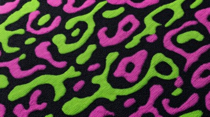 Obraz premium Detailed View of a Vibrant Multicolor Repeating Pattern Featuring Pink and Green Shapes on a Black Background for Creative Projects