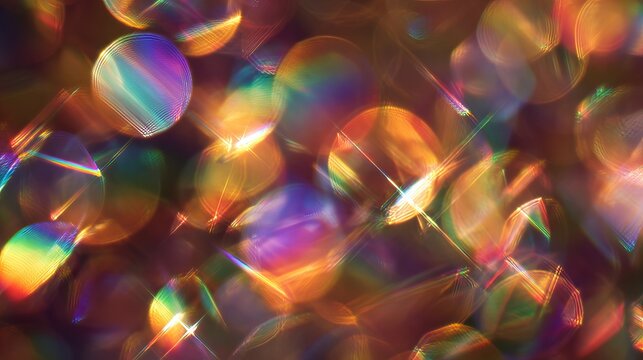 Blurry rainbow lights, like a vintage prism, create a dreamy, multicolored background effect for photos.