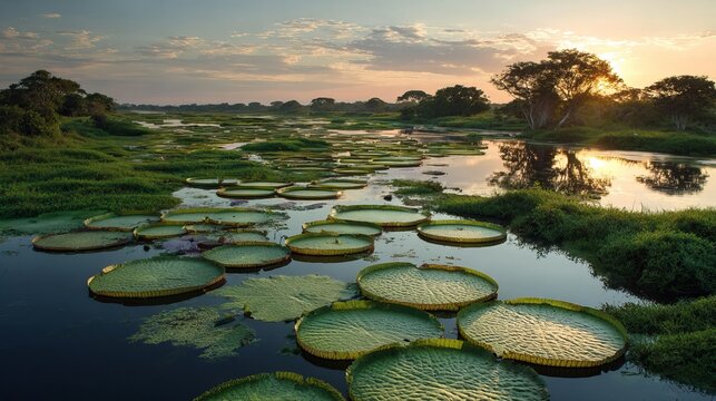Sunset lights up Pantanal's waters, showing giant lily pads.