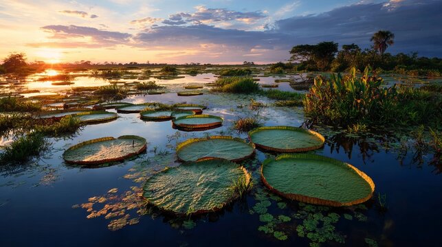 Sunset lights up Pantanal's waters, showing giant lily pads.