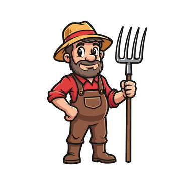 Cartoon Farmer Character Holding Pitchfork Ready for Agricultural Work.